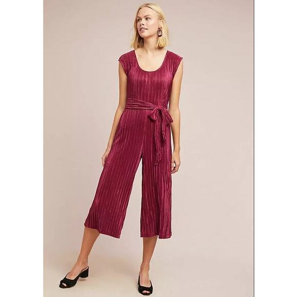 Anthropologie Maeve Sonata burgundy ribbed cap sleeve culotte jumpsuit US 0 - Picture 1 of 7